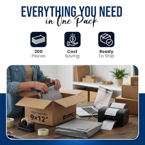 Shippozz 9x12 Poly Mailers 200 Pack, Durable Waterproof Polymailers for Shipping Clothes, Self Seal Mailing Bags for Small Business Packaging Supplies, Mailing Envelopes for Books, and Accessories - size: 9 x 12 (200pcs)