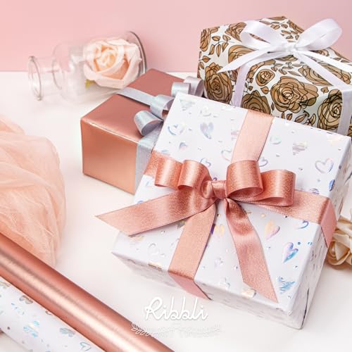 Ribbli Rose Gold Mother’s Day Wrapping Paper Mini Roll, 3 Rolls Happy Birthday Floral Heart Gift Wrap for Women Girl Friend Wedding - 17 inch x 120 inch(10feet) Per Roll - color: Rose Gold