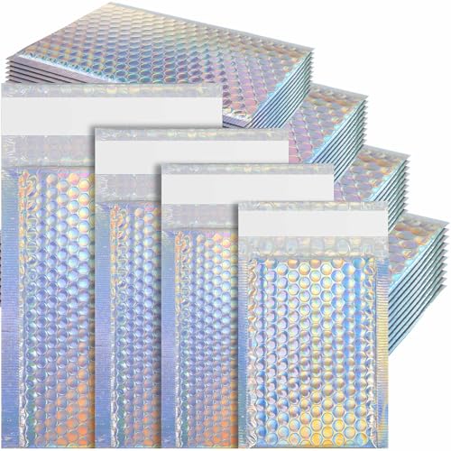 Henoyso 100 Pcs Holographic Bubble Mailer 4 Sizes Adhesive Padded Envelopes - color: Laser