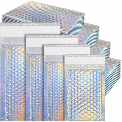 Henoyso 100 Pcs Holographic Bubble Mailer 4 Sizes Adhesive Padded Envelopes - color: Laser