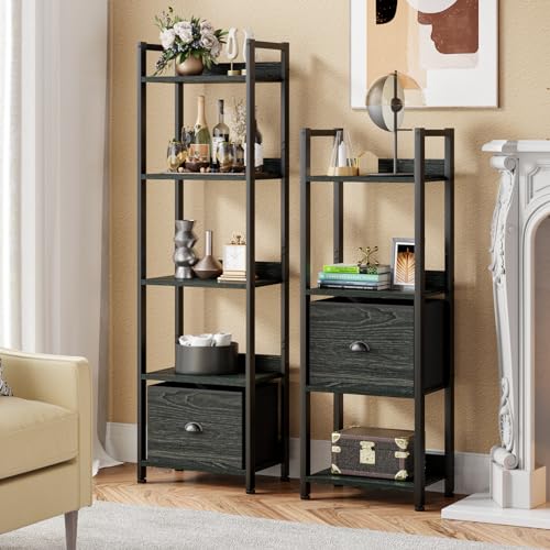 Furologee 4 Tier Bookshelf with Drawer, Small Narrow Bookcase, Black Oak - color: Black Oak, size: 4 Tier