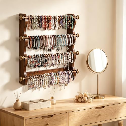 4 Tier Wooden Bracelet Holder Wall-Mounted Bangle Watch Necklace Display - style: 4 Tier Wall Monuted