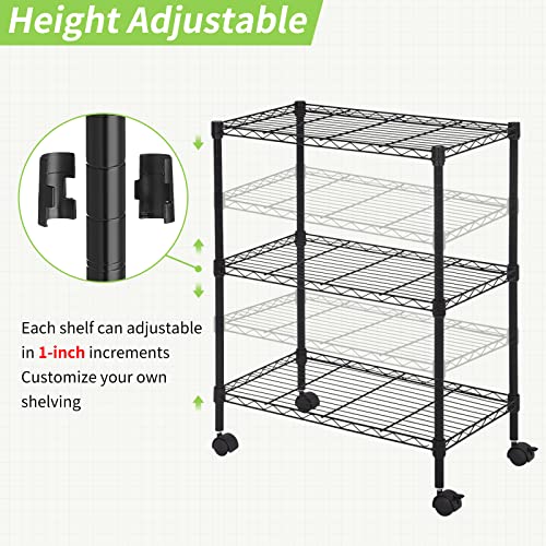 Wire Shelving Unit with Wheels, 3 Tier Adjustable Rack - color: Black, size: 13"D x 23"W x 31.3"H