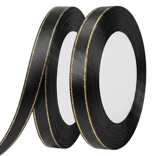 Satin Ribbon with Gold Edge, Double Faced Satin Gold Border Fabric Ribbons