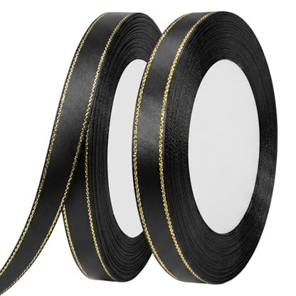 Satin Ribbon with Gold Edge, Double Faced Satin Gold Border Fabric Ribbons