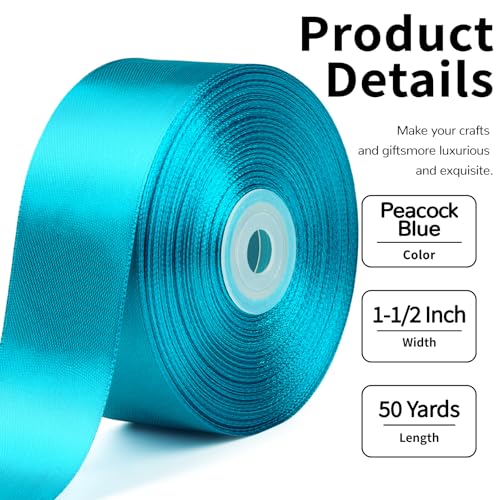 Mauproy Peacock Blue Satin Ribbon, 1-1/2 Inch, 50 Yards - color: Peacock Blue