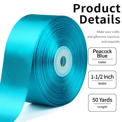 Mauproy Peacock Blue Satin Ribbon, 1-1/2 Inch, 50 Yards - color: Peacock Blue