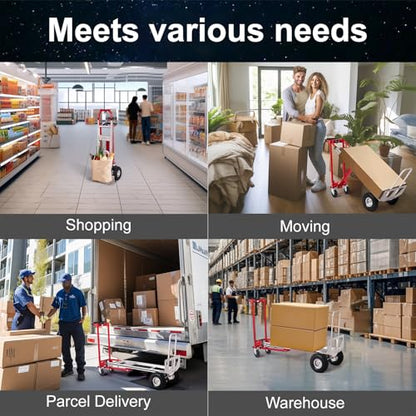 Folding Hand Truck Dolly, 4 in 1 Aluminum Dolly Heavy Duty with Rubber Handle, Folding Truck 770LB Capacity Weigth, Non-Slip Wheels, for Garage, Warehouse, Outdoor Delivery