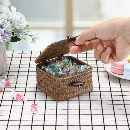 Hipiwe Mini Seagrass Basket Box Wicker Shelf Baskets with Lid, 3.5"x3.5"x2" - color: Coffee color, size: 3.5" x 3.5" x 2"
