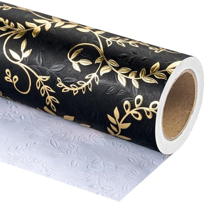 WRAPAHOLIC 3D Kraft Wrapping Paper Roll - Mini Roll - 17 Inch x 16.5 Feet - Gold and Black Leaves Design with Embossed Perfect for Birthday, Holiday, Wedding, Baby Shower - color: Black & Gold Leaves