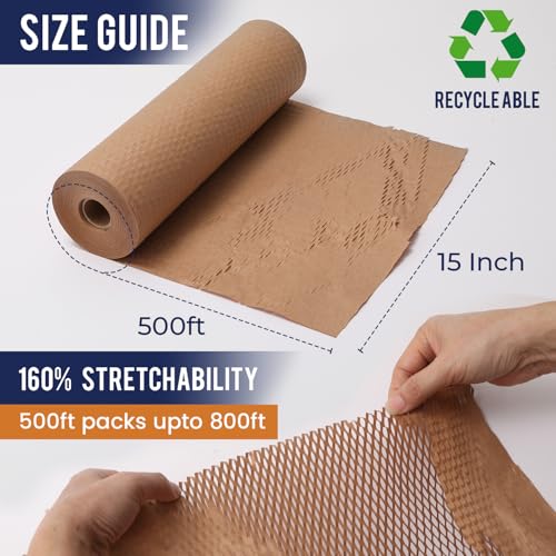 Honeycomb Packing Paper For Moving 15" x 500ft With Rope & Fragile Stickers - size: 15" x 500ft