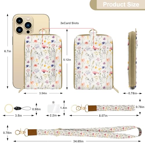 Flower Watercolour PU Leather ID Badge Holder with Lanyard with 1 Zip Pocket and 3 Card Slots Keychain Phone Lanyard Wrist Strap, RFID Blocking, for Office School Business Women - color: Flower Watercolour