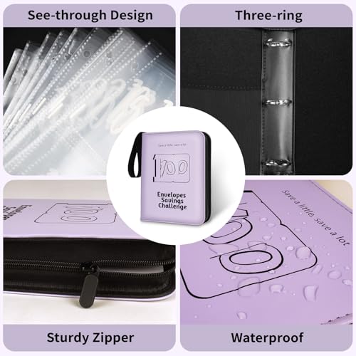 RONMONG 100 Envelope Challenge Binder, Money Saving Binder, Budget Book - color: Purple Style 2