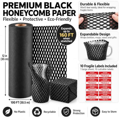 Black Honeycomb Packing Paper, 12" x 100 ft, Gift Wrapping Paper - color: Black, size: 12 Inch x 100 Feet
