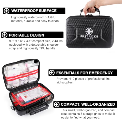 Gevoke 410 Piece Waterproof Hard Shell First Aid Kit, Black - color: Black