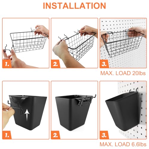 Pegboard Basket Organizer Set, 6 Pack Peg Board Baskets & Bin Cups (Black) - color: Black & Black
