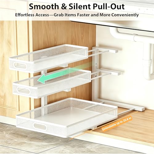 2 Pack Under Sink Organizer, 3-Tier Pull Out Kitchen Cabinet Organizer - color: 3-Tier- White