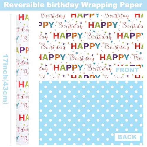 Ulmasinn Reversible Birthday Wrapping Paper Roll - 17” x 16.4 Ft, Double Sided Happy Birthday & Blue Polka Dots for Boys Girls Kids Party - color: Happy Birthday & Blue