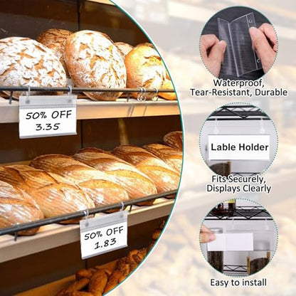 Meetory Basket Labels - 50PCS Shelf Label Holder with Easy Button Lock Design, Wire Shelf Label Holder, Wire Rack Display Holder Price Sign for Market