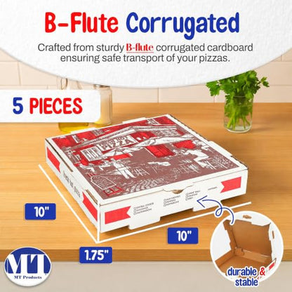 MT Products 10" Length x 10" Width x 1.75" Depth Corrugated White-Red B-Flute Cardboard Pizza Box Keeps Pizza Fresh (5 Pieces) - color: White-Red