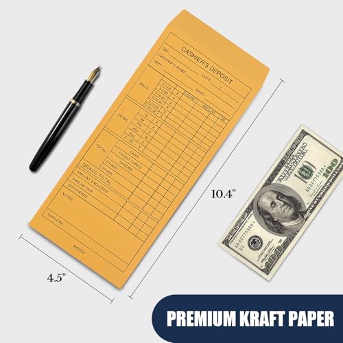 1000-Count Cash Deposit Envelopes, #11 Self-Sealing, 28lb Brown Kraft Paper Cash Envelopes for Small Businesses, Retailers, Restaurants
