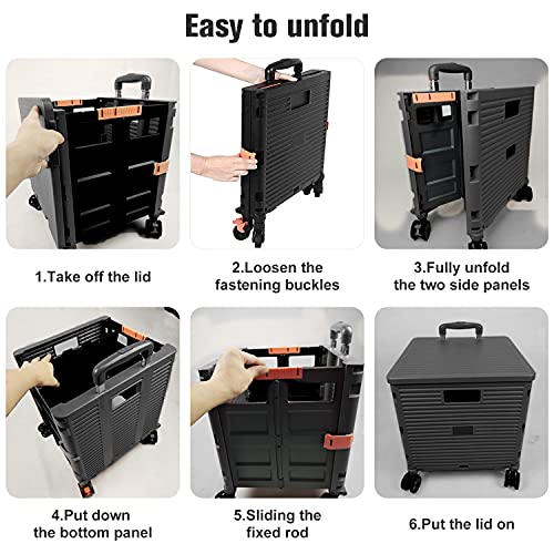 Foldable Utility Cart,Rolling Crate Heavy Duty Shopping Cart with 360° Silent Wheel with Brake System,55L Capacity,Transport Weight up to 177 Pounds,Travel Shopping Moving Luggage Office Use - color: Black&blue Lid