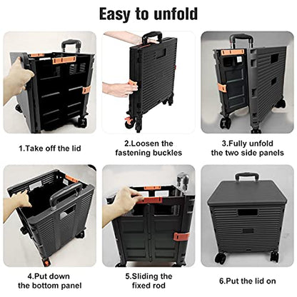Foldable Utility Cart,Rolling Crate Heavy Duty Shopping Cart with 360° Silent Wheel with Brake System,55L Capacity,Transport Weight up to 177 Pounds,Travel Shopping Moving Luggage Office Use - color: Black&blue Lid