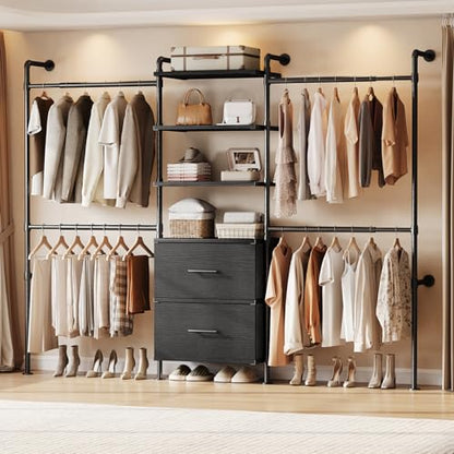 ONBRILL T3 Wall Mounted Industrial Pipe Closet Organizers Storage System - color: Black