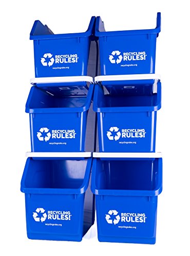 Recycling Rules! 6 Gallon Stackable Recycling Bin Container in Blue, Eco-Friendly Handy Recycle Bin with Easy-to-Carry Handle, 6-Pack - size: 6-pack