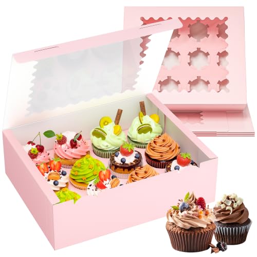 RYDDOY 4 Pack Pink Cupcake Boxes, Hold 12 Count Cupcake, Cupcake Carriers - color: Pink