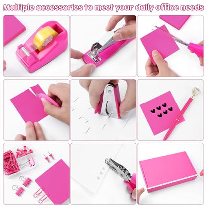 Hot Pink Desk Accessory Kit Cute Office Supplies Set Desktop Stapler Set Includes Staple Remover Hole Punch Tape Dispenser Ballpoint Pen Scissor Mini Box Cutter Tape Measure Paper Clips Sticky Notes - color: Hot Pink