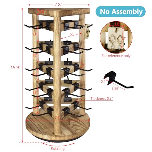 Ikee Design Wood Rotating Jewelry Earring Display Stand 30 Removable Hooks - color: 3 side, Oak, 30 hooks