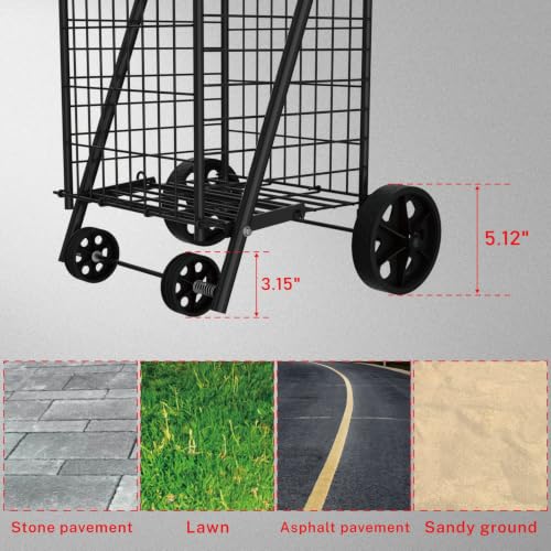 Foldable Shopping Cart with Wheels, Metal Rolling Utility Crate