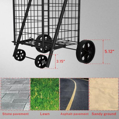 Foldable Shopping Cart with Wheels, Metal Rolling Utility Crate
