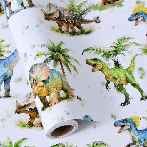 Sikiweiter Dinosaur Wrapping Paper Roll - Watercolor Dino & Palm Tree Design - 17 inch x 16.5 feet (Dinosaur) - color: Dinosaur