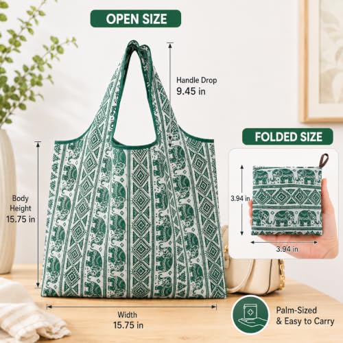 Reusable Shopping Bag, 16 x 16 inch Large Foldable Grocery Hand Tote, Shoulder Waterproof Portable Pocket - color: Green Elephant