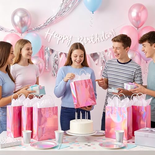 BLEWINDZ 32Pcs Small Paper Gift Bags with Tissues, Iridescent Party Favor Bags with Handles, Holographic Pink Gift Bag for Wedding Baby Shower Birthday Party Supplies - color: 11-Iridescent Pink-S