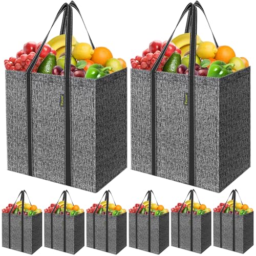 BALEINE 8 PK Grocery Bags Reusable Shopping Bags with Reinforced Bottom, Heavy Duty Foldable Tote Bags (Grey) - color: Grey, size: 8 PK