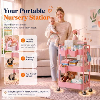 3 Tier Rolling Cart Metal with Lockable Wheels,Pink Baby Diaper Caddy Carts - color: Soft Pink, size: 3 Tier + Cups + Hooks