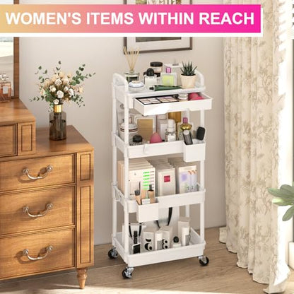 Goovilla 4 Tier Rolling Utility Cart Organizer with Removable Drawer, White - size: 4 Tier, style: White