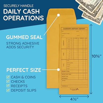 Blue Summit Supplies 500 Cash Deposit Envelopes, 24lb Kraft, Gummed Seal