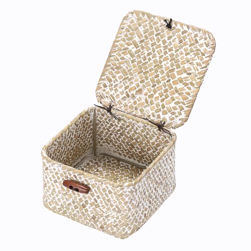 Hipiwe Handwoen Seagrass Basket with Lid Mini Woven Wicker Box,3.5"x3.5"x2" - color: Whitewash color, size: 3.5" x 3.5" x 2"