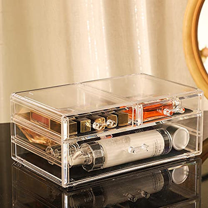 Cq acrylic Clear Storage Drawers,Stackable Make up Organizers And Storage For Vanity Countertop,Large 3 Drawers Plastic Shelf Organizer Bins for Make up,Medicine,Craft,Pen,Beauty Supplies,Pack of 1 - size: 2 Small Drawers, 1 Long Height Drawer