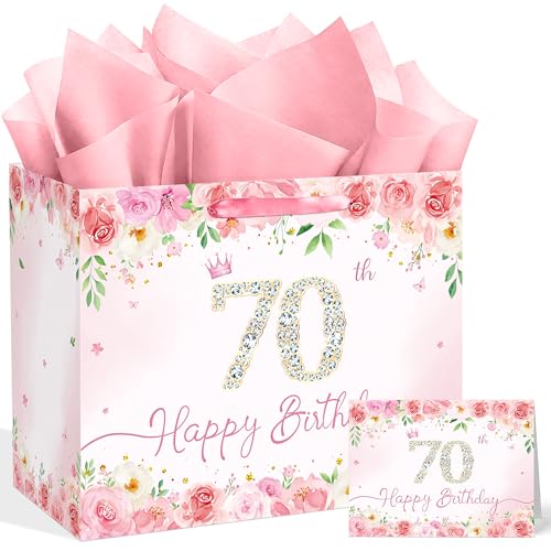 QISOLIY Pink Floral 70th Birthday Gift Bag for Women, Large Happy 70th Birthday Gift Bag with Tissue Paper and Greeting Card Included, Elegant Birthday Present Bag for Mom, Grandma, Sister and Friend - color: 70th