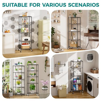 SINGAYE 5 Shelves Storage Shelf Wire Shelving Unit Metal Adjustable Wheels - color: Black, size: 5Tier/11.5"D X 17.5"W X 57"H