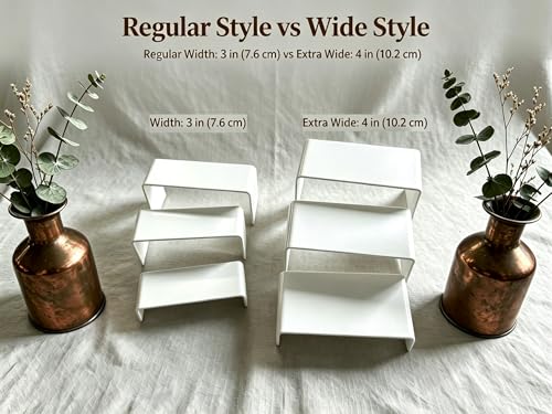 Wider 6 PCs White Acrylic Display Risers, 3 Tier Stand - color: White 4 Inch Wide 6 PCs