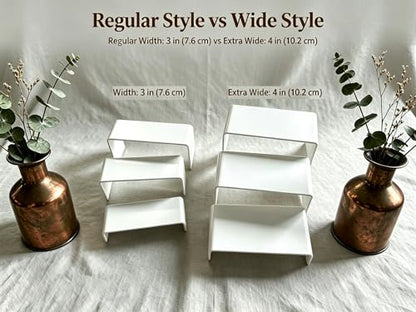 Wider 6 PCs White Acrylic Display Risers, 3 Tier Stand - color: White 4 Inch Wide 6 PCs