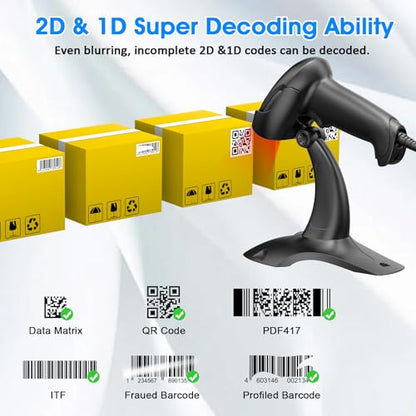 Symcode Barcode Scanner with Stand USB Wired Inventory 2D 1D QR Code Scanner with Automatic Hands-Free Scanning Barcode Reader Scanner for Computer POS MAC