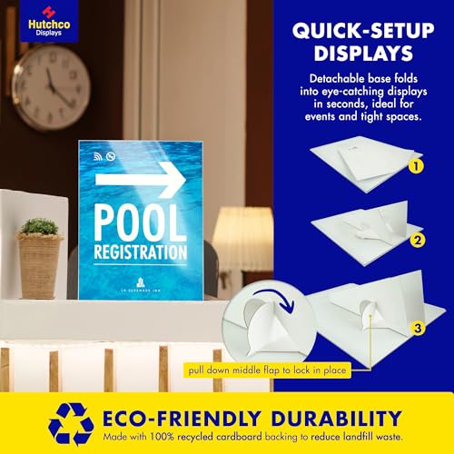 Paper Sign Holder (5 x 7 Inches) Plastic Countertop Display w/Shatterproof (No Acrylic) Clear Design & Cardboard Easel Back Tabletop Slant Support for Stackable Lightweight Portable by Hutchco