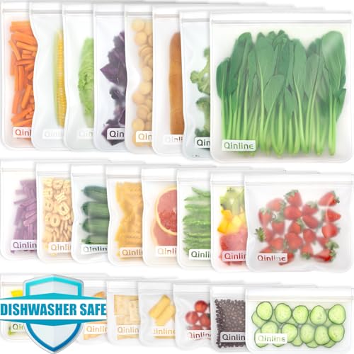 Qinline Reusable Food Storage Bags - 24 Pack Dishwasher Safe Freezer Bags, BPA Free Reusable Bags PEVA material, Leakproof Reusable Lunch Bag for Salad Fruit Travel - 8 Gallon 8 Sandwich 8 Snack Bags - color: Clear